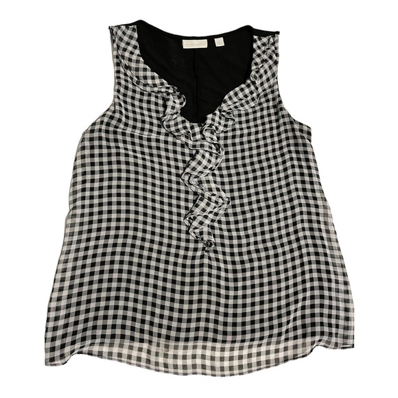 NY & Co Black/white Check sheer front overlay black V-neck tank - Picture 1 of 9